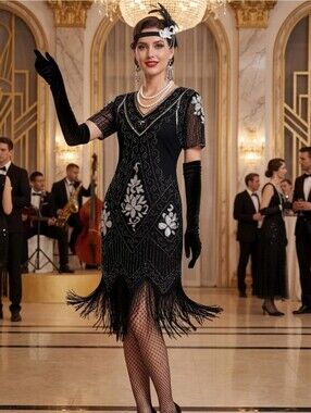 Women's 1920s V Neck Flapper Dress Sequin Fringe Costume with 4 Accessories